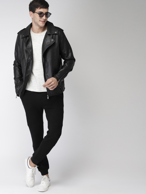 

Mast & Harbour Men Black Solid Biker Jacket