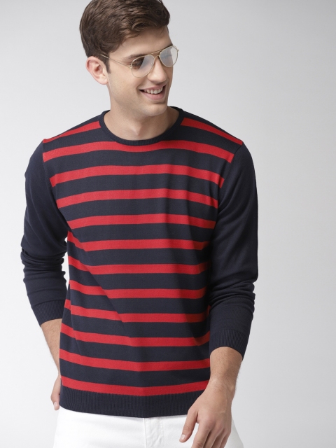 

Mast & Harbour Men Navy Blue & Red Striped Pullover Sweater