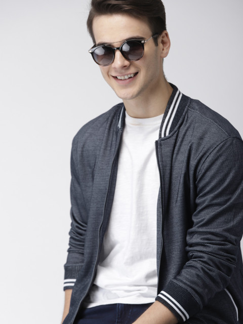 

Mast & Harbour Men Navy Self Design Bomber, Navy blue