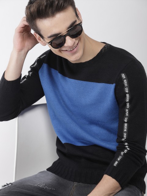 

Mast & Harbour Men Black & Blue Colourblocked Pullover Sweater