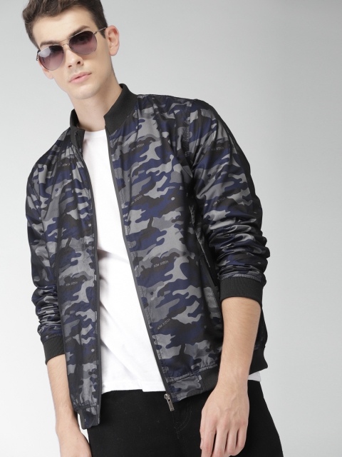 

Mast & Harbour Men Blue & Black Camouflage Printed Bomber