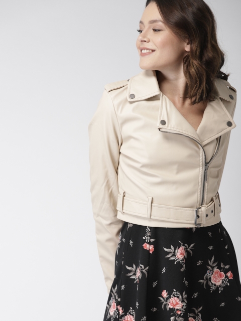 

Mast & Harbour Women Cream-Coloured Solid Biker Jacket