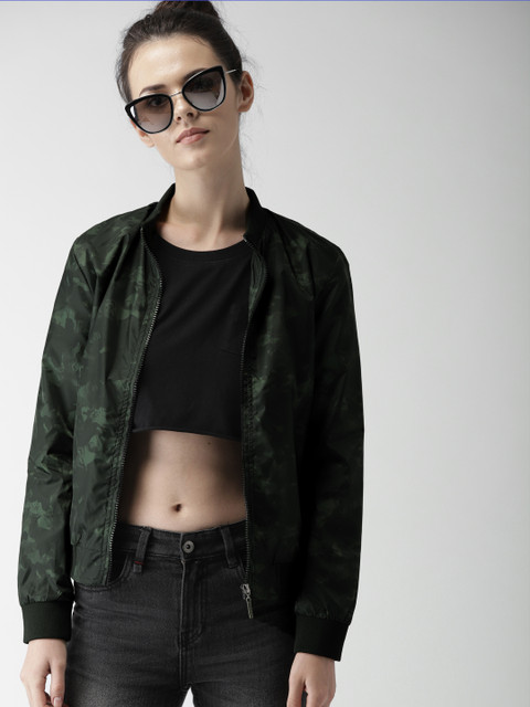 

Mast & Harbour Women Black & Olive Green Printed Bomber