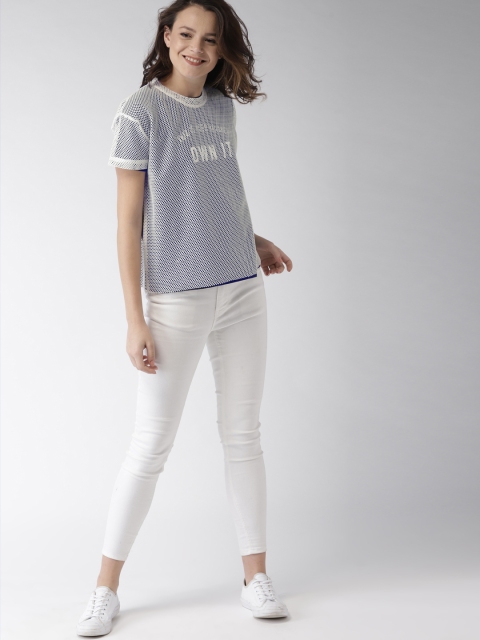 

Mast & Harbour Women White & Navy Blue Self-Design Top