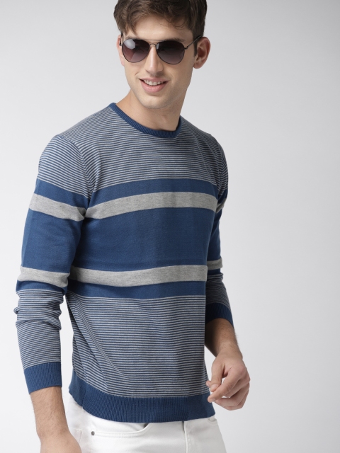 

Mast & Harbour Men Navy Blue & Grey Striped Pullover Sweater