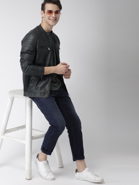 

Mast & Harbour Men Navy Blue Solid Biker Jacket