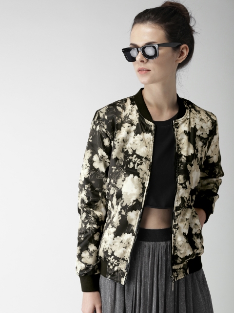 

Mast & Harbour Women Charcoal Grey Printed Bomber