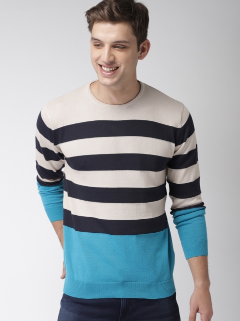 

Mast & Harbour Men Cream-Coloured & Blue Striped Pullover Sweater