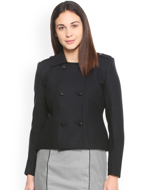 

Van Heusen Woman Women Navy Blue Self Design Open Front Jacket