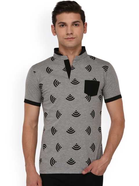 

oneliner Men Grey Printed Mandarin Collar T-shirt