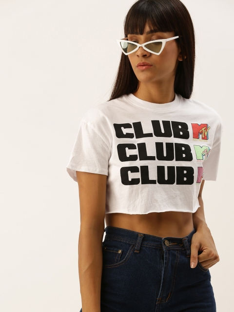 

FOREVER 21 Women White Printed Round Neck Crop T-shirt