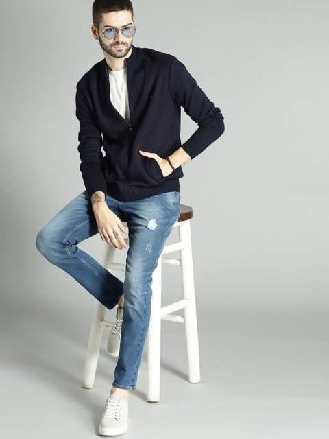 

Roadster Men Navy Blue Self Design Front-Open Sweater