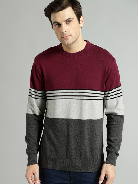 

Roadster Men Burgundy & Grey Colourblocked Pullover