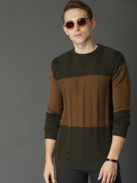 

Roadster Men Olive Green & Olive Brown Colourblocked Cable Knit Pullover