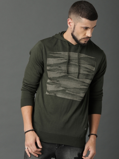 

Roadster Men Olive Green Self Design Pullover