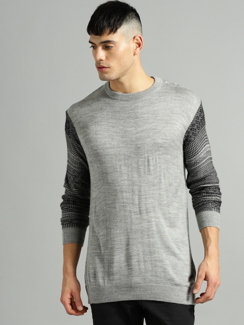 

Roadster Men Grey Melange & Black Solid Pullover