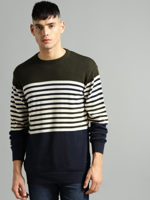 

Roadster Men Olive Green & Navy Blue Striped Pullover