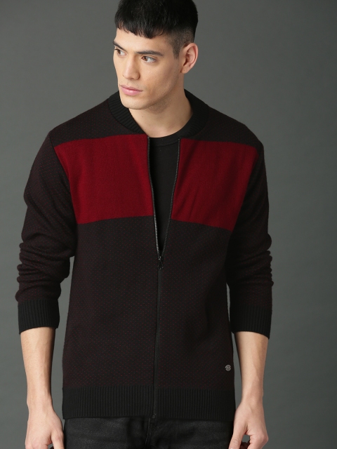 

Roadster Men Black & Maroon Colourblocked Front-Open Sweater