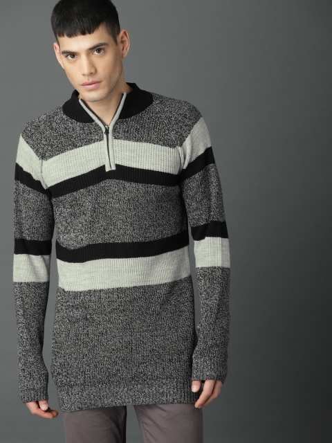 

Roadster Men Grey Melange & Black Self Design Pullover