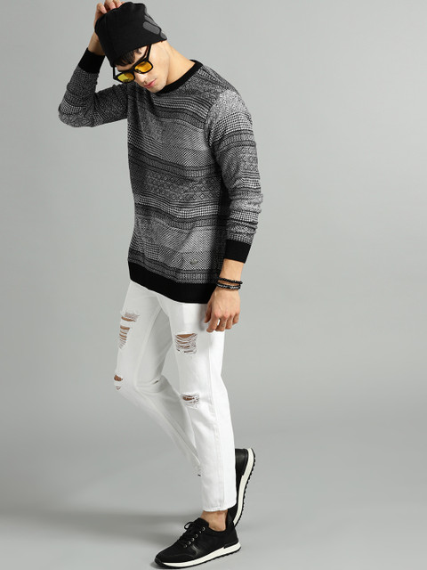 

Roadster Men Black & White Self Design Pullover