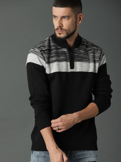 

Roadster Men Black & Grey Colourblocked Pullover