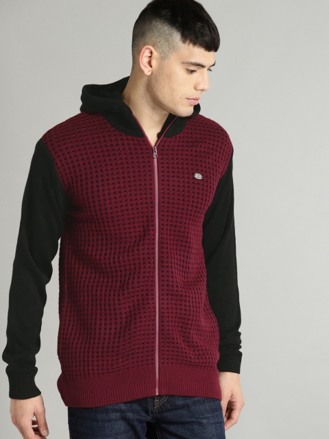 

Roadster Men Maroon & Black Self Design Front-open Sweater