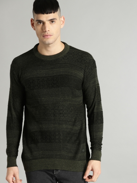 

Roadster Men Black & Green Self Design Pullover