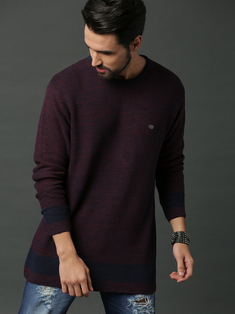 

Roadster Men Navy Blue & Red Self Design Longline Pullover