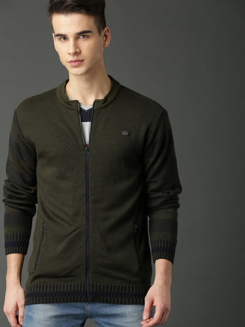 

Roadster Men Olive Green Solid Cardigan