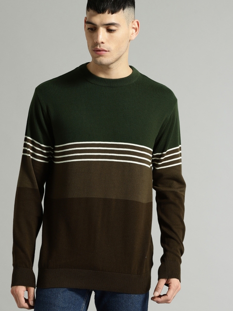 

Roadster Men Olive Green & Brown Colourblocked Pullover Sweater