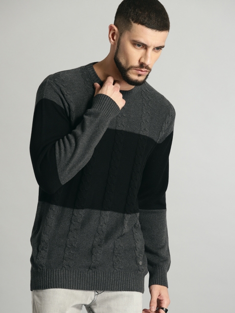 

Roadster Men Grey & Black Colourblocked Pullover