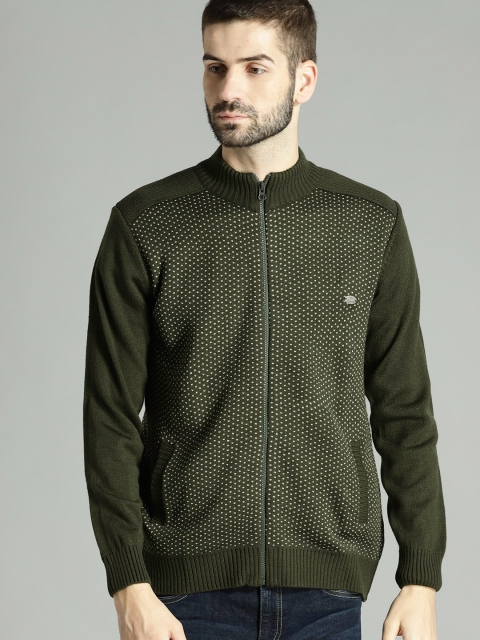 

Roadster Men Olive Green Self Design Front-Open Sweater