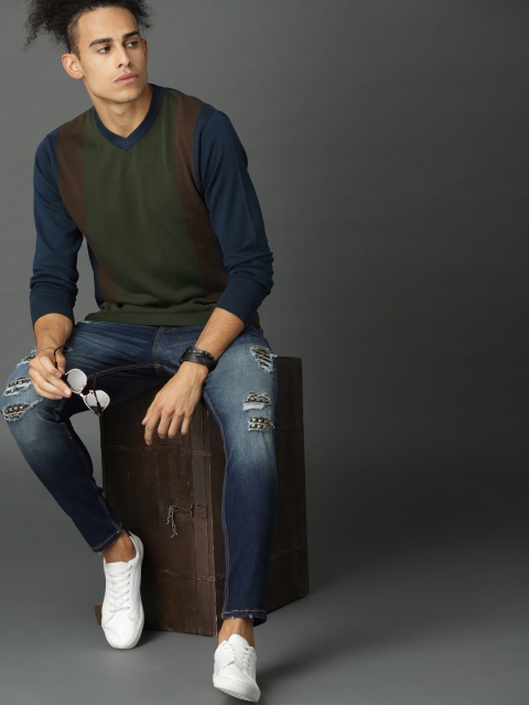 

Roadster Men Olive Green Colourblocked Pullover