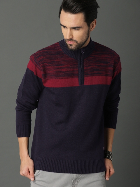 

Roadster Men Navy & Maroon Colourblocked Pullover Sweater, Navy blue