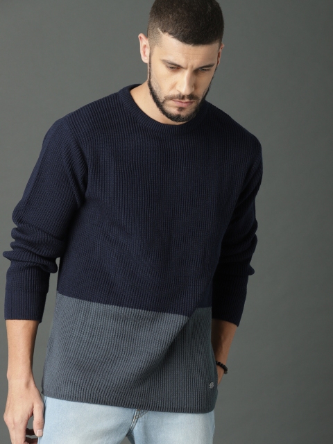 

Roadster Men Navy Blue & Grey Colourblocked Pullover