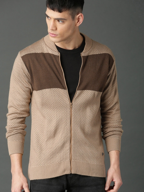 

Roadster Men Beige & Brown Colourblocked Front-Open Sweater