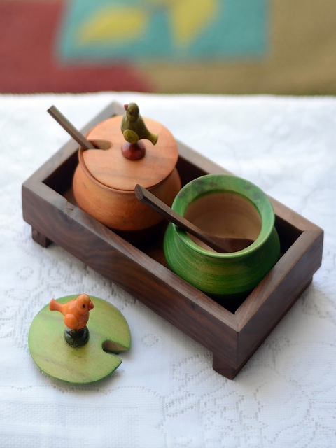 

Unravel India Wooden Multicolored 2 Handi Set with Base Tray and Spoon, Brown