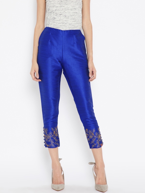 

Biba Women Blue Embroidered Cropped Cigarette Trousers