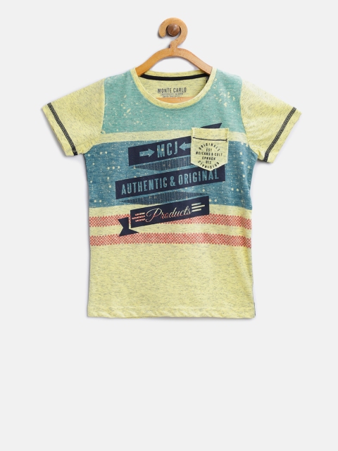 

Tweens by Monte Carlo Boys Yellow & Blue Striped Round Neck T-shirt with Printed Detail