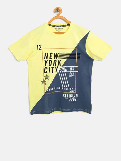 

Tweens by Monte Carlo Boys Yellow & Navy Blue Printed Round Neck T-shirt