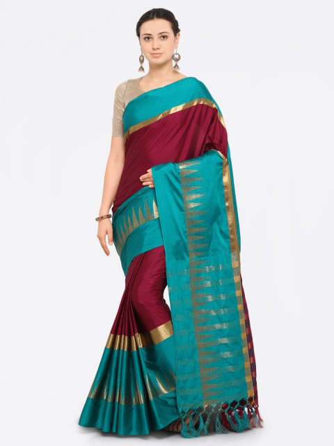 

Saree mall Maroon Cotton Blend Solid Banarasi Saree