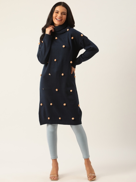 

DressBerry Women Navy Blue & Beige Pom-Pom Longline Sweater