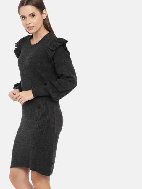 

DressBerry Women Charcoal Grey Self Striped Sweater Dress
