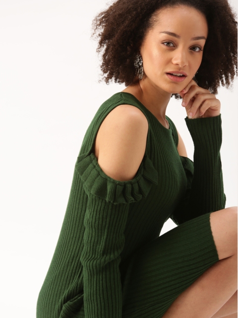 

DressBerry Women Olive Green Striped Sweater Dress