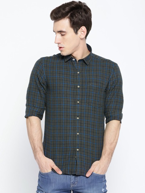 

John Players Men Charcoal Grey & Blue Regular Fit Checked Casual Shirt