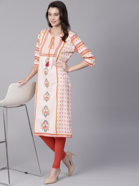 

Shree Women Peach-Coloured & Red Printed Straight Kurta