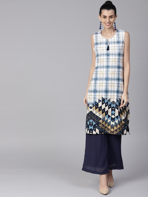 

Shree Women Off-White & Blue Checked Straight Kurta