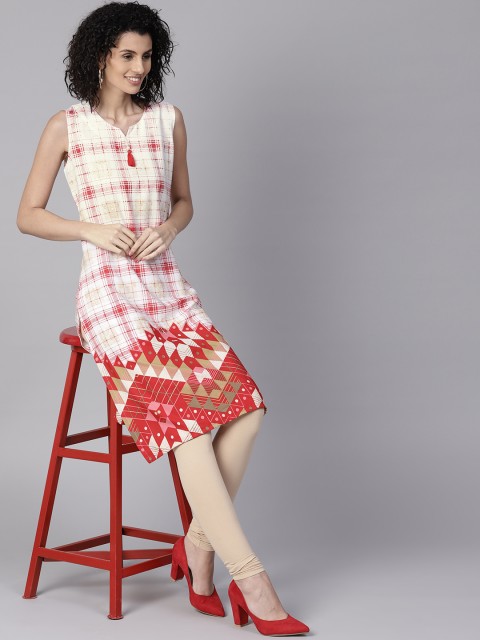 

Shree Women Off-White & Red Checked Straight Kurta
