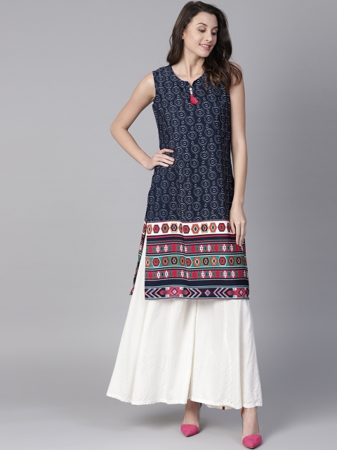 

Shree Women Navy Blue & White Printed Straight Kurta