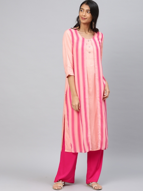 

Shree Women Peach-Coloured & Pink Striped Straight Kurta